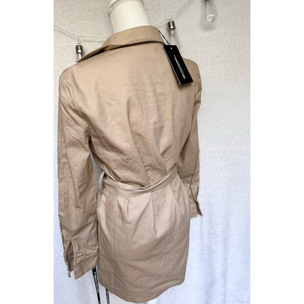 NWT Pretty Little Thing Fawn Khaki Utility Tie Waist Shirt Dress Women's Small - Picture 5 of 13
